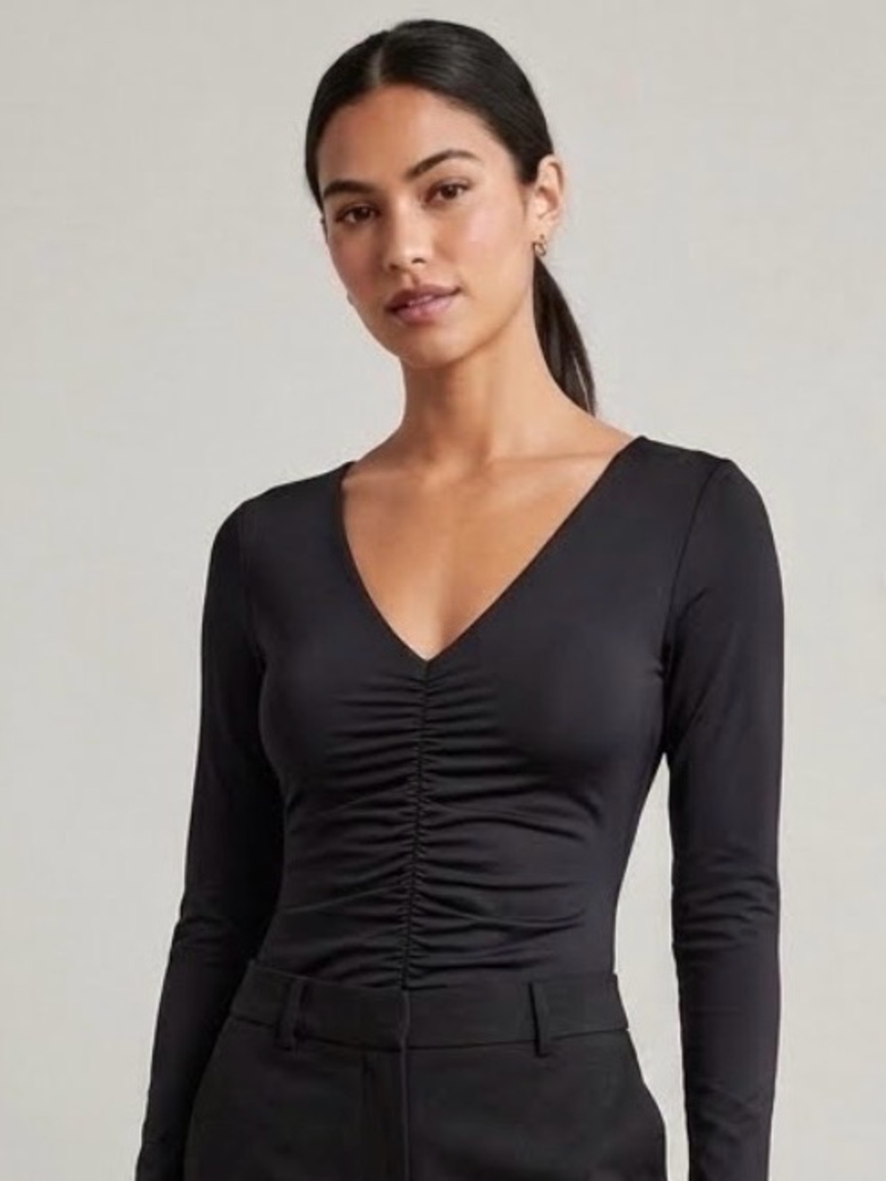 Abercrombie & Fitch Slinky V-Neck Ruched Long-Sleeve Bodysuit in black